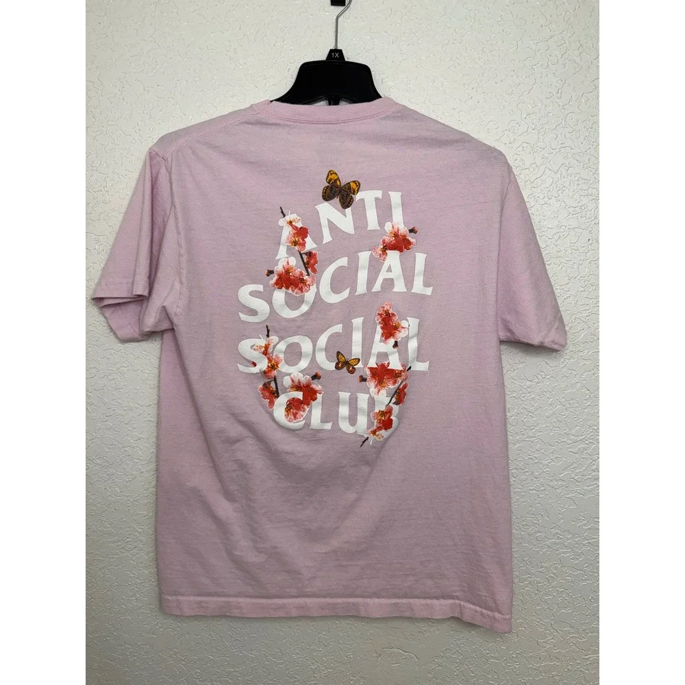 Anti Social Social Club Pink Cherry Blossom Butterfly Logo T-Shirt Womens Large